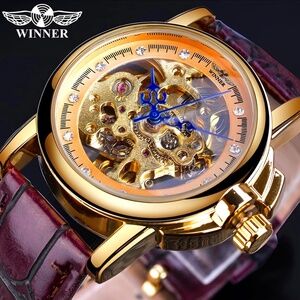 Womens Automatic Transparent Skeleton Luxury Leather Band Ladies Watch Gift Idea